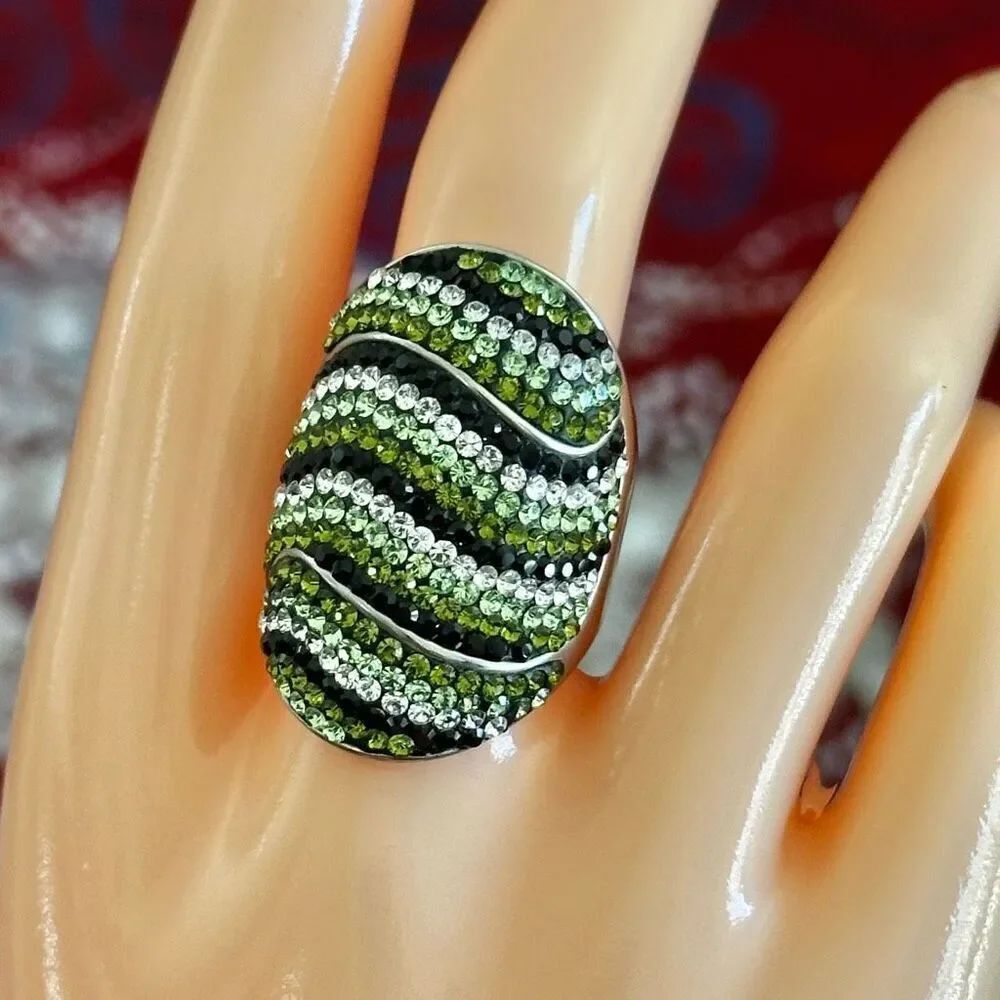 Sterling Silver Green & Black Pavé Dome Statement Ring
